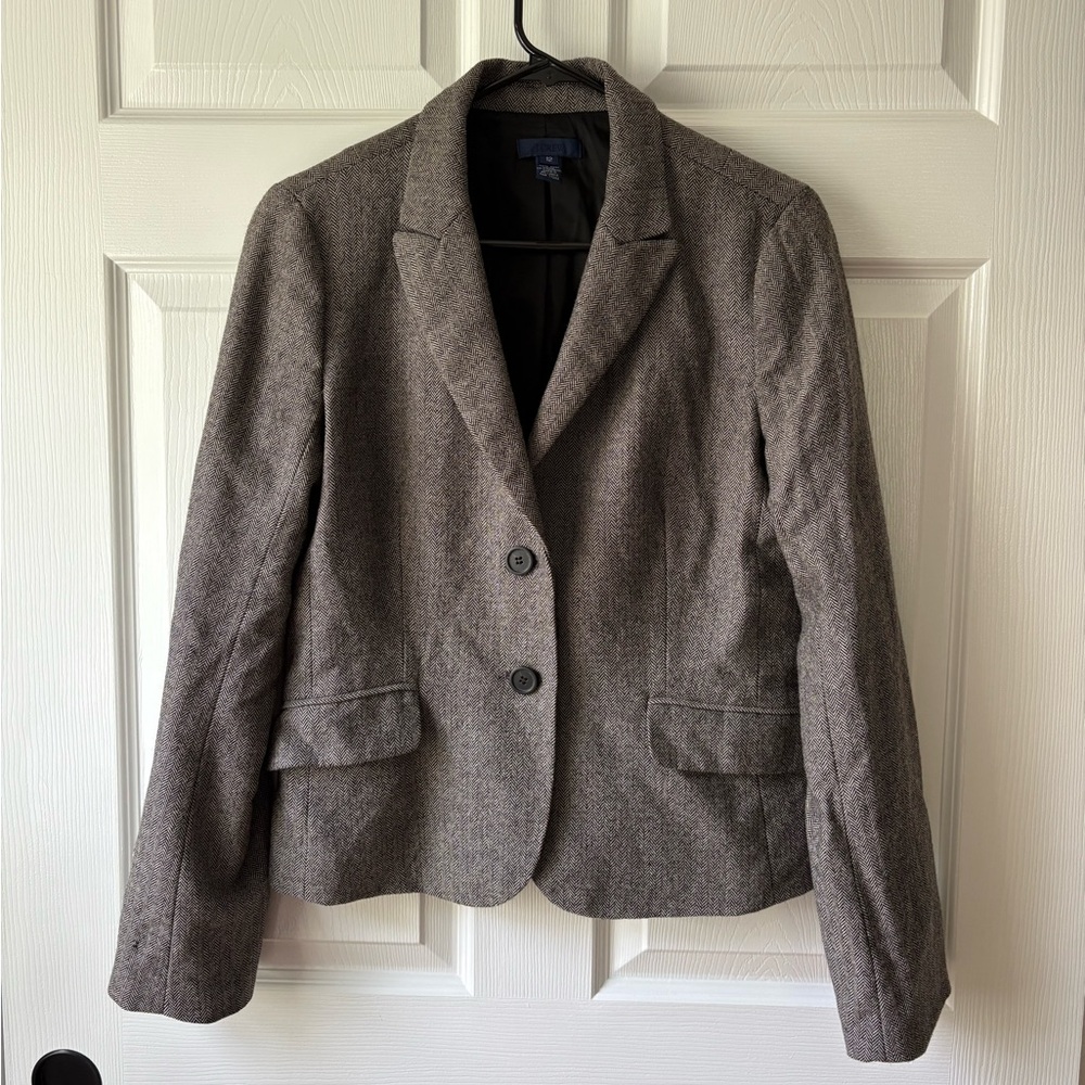 J. Crew 100% Wool Herringbone Gray Tan Fitted Classic Blazer Womens Size 12